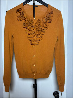 Vintage J.Crew Ruffle Neck Knit Cardigan Mustard Yellow Size XS / XX